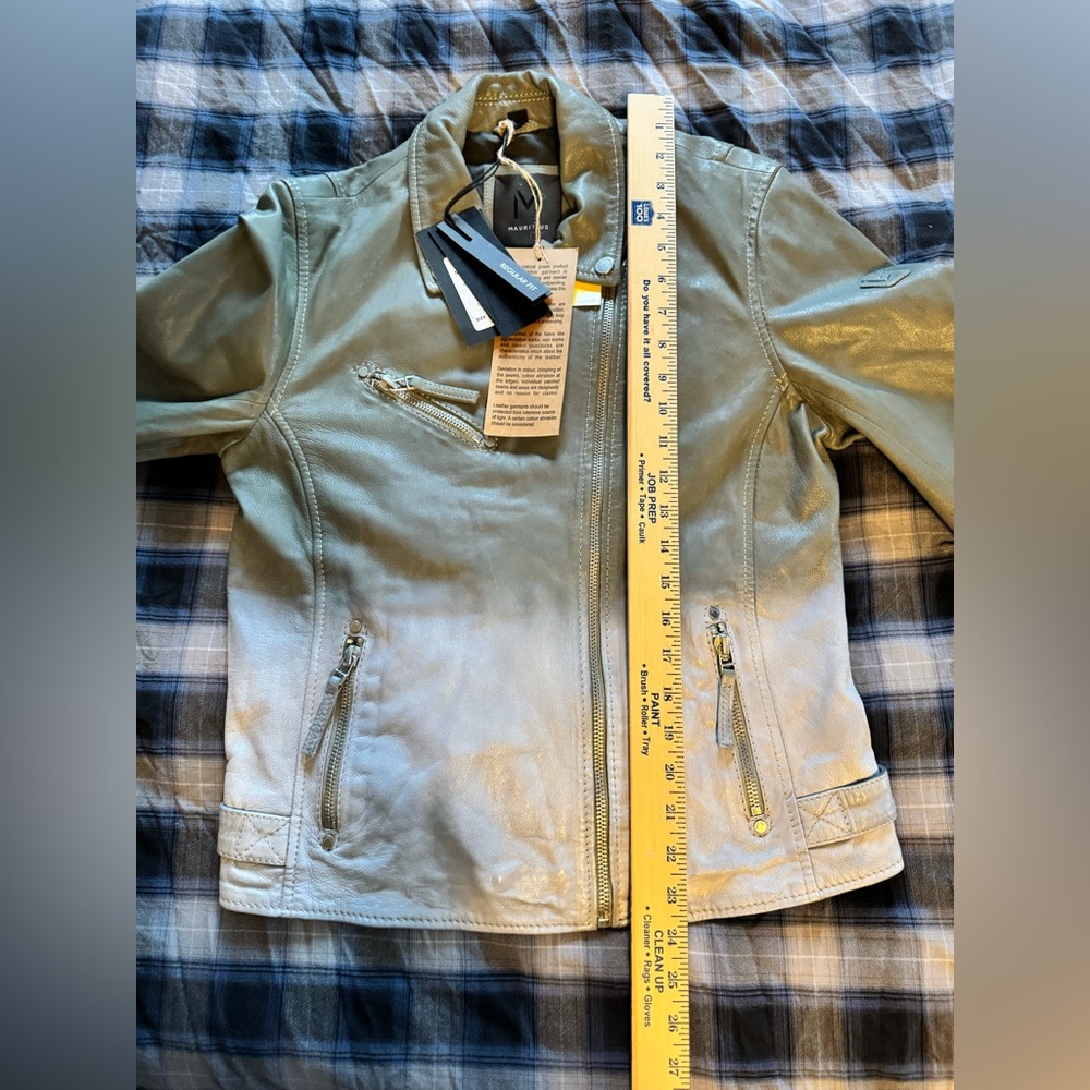 MAURITIUS Debbie RF Leather Jacket Ombre Sage Green White Large boho biker - Picture 10 of 16